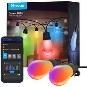lot 40420 image: Govee Outdoor String Lights H7015 with 15 Dimmable RGBIC LED Bulbs, 48ft IP65 Waterproof Shatterproof Holidays Decorations, Color Changing Warm White Lights with 47 Scene Modes for Fathers Day