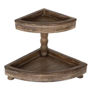 lot 40460 image: Corner Round Tiered Tray Stand 2 Tier Tray Stand Small Farmhouse Kitchen Decor Coffee Corner Counter Shelf Kitchen Counter Farmhouse Decor Rustic Home Decor Brown Wood Wooden Two Tiered Tray Decor