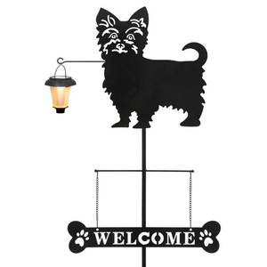 lot 40461 image: BAYN Solar Yorkie Silhouette Dog Breed Welcome Sign with a Lantern Outdoor Decorative Garden Stakes for Yard, Lawn, Patio, Pathway