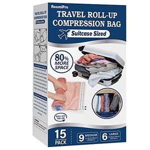 lot 40468 image: 15 Compression Bags for Travel, Roll Up Space Saver Bags for Travel, Saves 80% of Storage Space for Packing & Clothes, No Pump or Vacuum Needed
