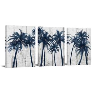 lot 40475 image: RnnJoile 3 Panel Palm Tree Wall Art Rustic Navy Tropical Tree Painting on Canvas White Wood Background Giclee Artwork for Home Office Wall Decor 12x16 for Each