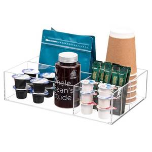 lot 40480 image: GMFINE Acrylic Coffee Station Organizer for Countertop, Coffee and Tea Condiment Storage Organizer with 4 Compartment, Coffee Caddy Breakroom Organizer Coffee Bar Accessories for Countertop, Clear