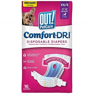 lot 40482 image: OUT Pet Care Disposable Female Dog Diapers - Absorbent with Leak Proof Fit - XSSmall (Waist 13-18in) - White, 16 Count (Pack of 1)