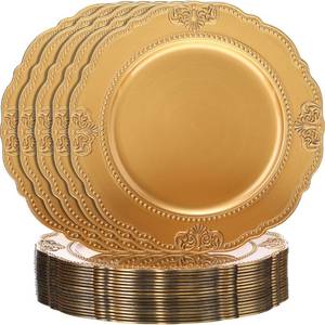 lot 40520 image: Nuanchu 18 Pack Gold Charger Plates 13 Inch Scalloped Dinner Plates with Bead Rim Embossed Plastic Chargers for Dining, Wedding, Banquets, Party, Event, Anniversary, Holidays Decoration