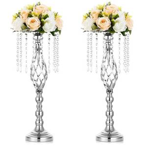 lot 40526 image: Sziqiqi Silver Metal Flower Stand with Crystal Beads for Wedding Table - 21.7in Floor Vase Stands for Road Leads Tall Tabletop Centerpiece for Party Birthday New Opening