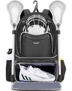 lot 40530 image: Arcoyard Extra Large Lacrosse Backpack with 2 Stick Holders, Professional Lacrosse Bag with Ventilated Cleats Compartment and Insulated Pocket, for All Lacrosse or Field Hockey Gear, Black