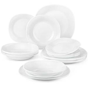 lot 40534 image: MALACASA Esmer 18-Piece Opal Glass Dinnerware Set, Chip Resistant White Square Dishes and Bowls Set, Space-Saving, Microwave and Dishwasher Safe