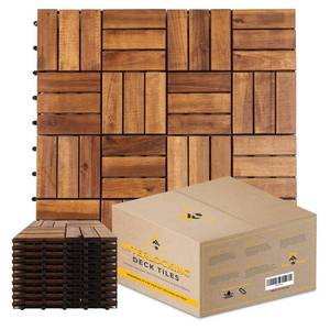 lot 40536 image: Acacia Wood Interlocking Deck Tiles for OutdoorIndoor - (Pack of 10) 12x12 All Weather Balcony Flooring - Snap Click Together Patio Tiles - Portable Waterproof Dance Floor Covering, Outside Walkway