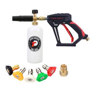 lot 40540 image: Tool Daily Short Pressure Washer Gun with Foam Cannon, 14 Inch Quick Connector, with 5 Pressure Washer Nozzle Tips, 1 Liter