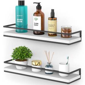 lot 40544 image: Meangood Floating Shelves Wall Mounted Set of 2, Rustic Wood Wall Storage Shelves for Bedroom,Living Room,Bathroom, Kitchen (White)