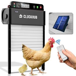 lot 29984 image: CluckHub Automatic Chicken Coop Door - Solar Powered, Electric Opener, Light Sensor wTimer, Anti-Trap, Multi-Modes  Aluminum, Weather-Resistant  Own Control Panel wRemote Control, Silver