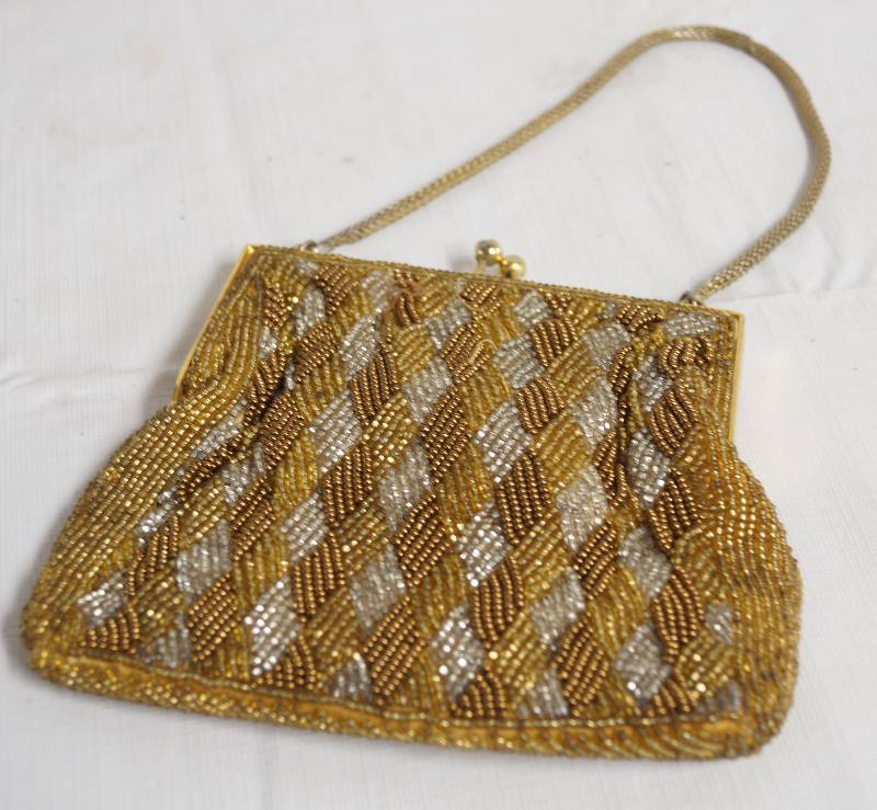 lot 7050 image: Vintage Beaded Purse - Gold, Silver and Bronze Colored Beads - Beautiful - Included Vintage Handkerchiefs - WOW