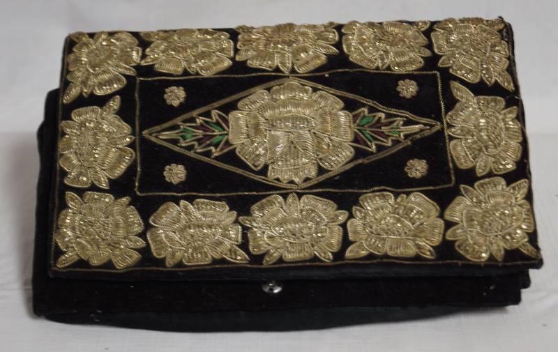 lot 7051 image: Vintage Clutch Purse - Black Velvet with Silver Spun Embroidery Decorations - Very Pretty - See Photos