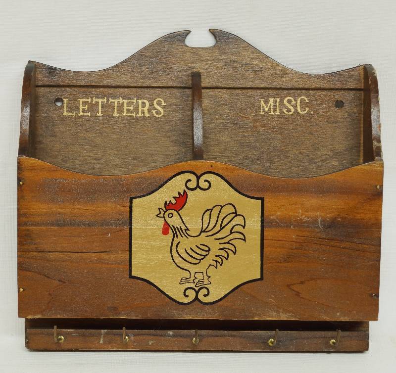 lot 1068 image: Vintage Wooden Mail Organizer with Rooster Emblem - With Key Hooks on the bottom NICE