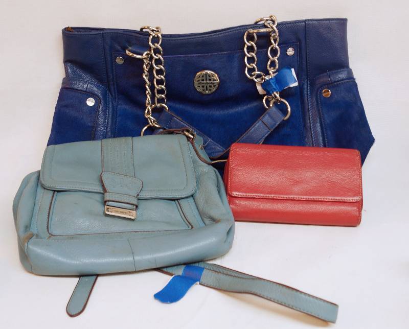 lot 9082 image: Kate Landry - Blue Leather Handbag - ISAAC MIZRAHI - Leather Cross Body Fashion Purse - Ladies Red Leather Wallet