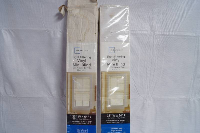 lot 9102 image: Lot of 2 - MINI BLINDS - New 23W x 64L - fits widths 22.75 to 23.5 - White