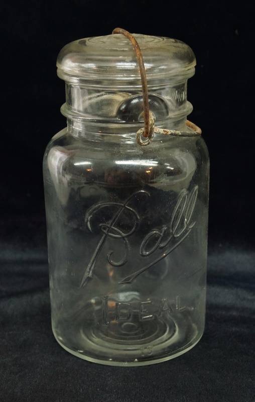 lot 1968 image: Vintage Clear Ball IDEAL Mason 13 Jar w Glass lid and metal closing clamp - nice  8 tall