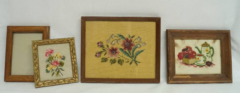 lot 2368 image: Lot of 3 VINTAGE - Needlepoint - Crewel - Cross-Stitch - framed. Plus bonus empty frame