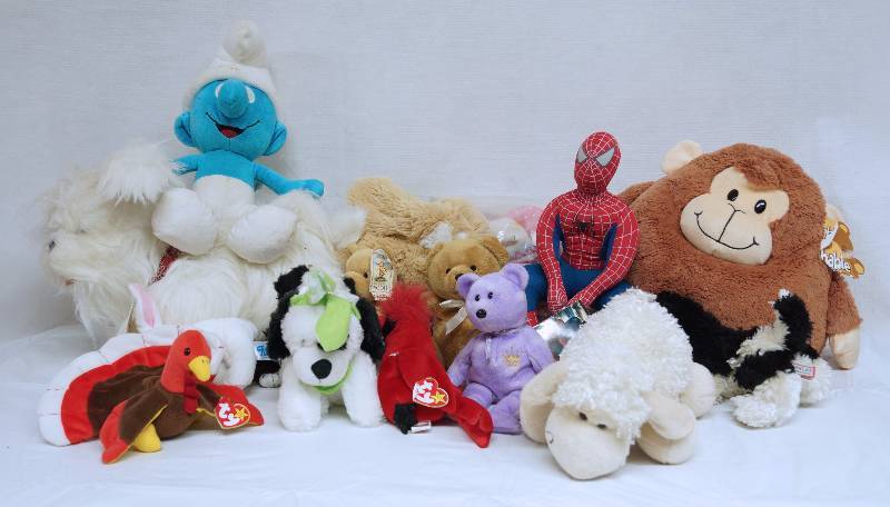 lot 6362 image: Stuffed Animal Collection - SPIDER-MAN - Smurf - TY Beanie Babies