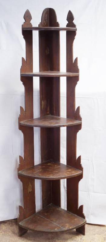 lot 9141 image: Antique Corner Shelves - Very pretty engraving work on entire piece TALL Nice condition for its age See pics