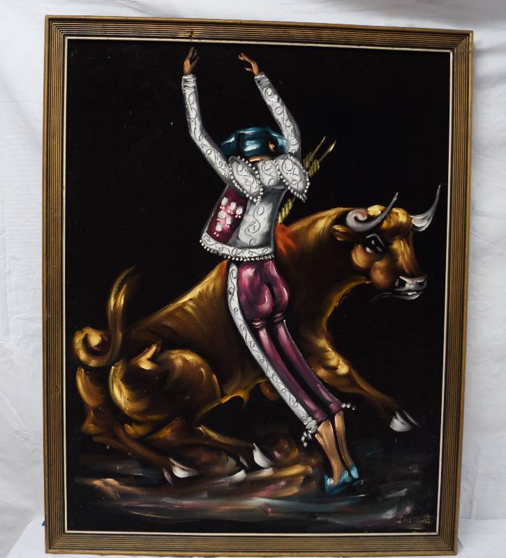 lot 9143 image: BIG Black Velvet Painting of a bull and matador - 3 FEET TALL - Nice Condition Must see
