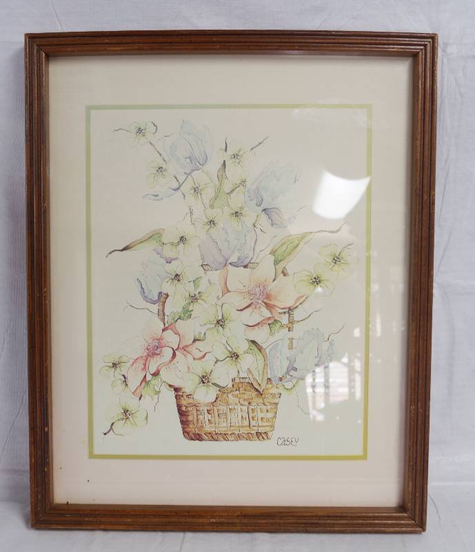lot 9163 image: Pretty Framed Print by Casey - flower basket