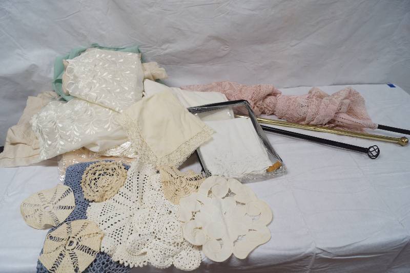 lot 9164 image: Lot of Lace Curtains, hand crochet doilies, curtain rods and more