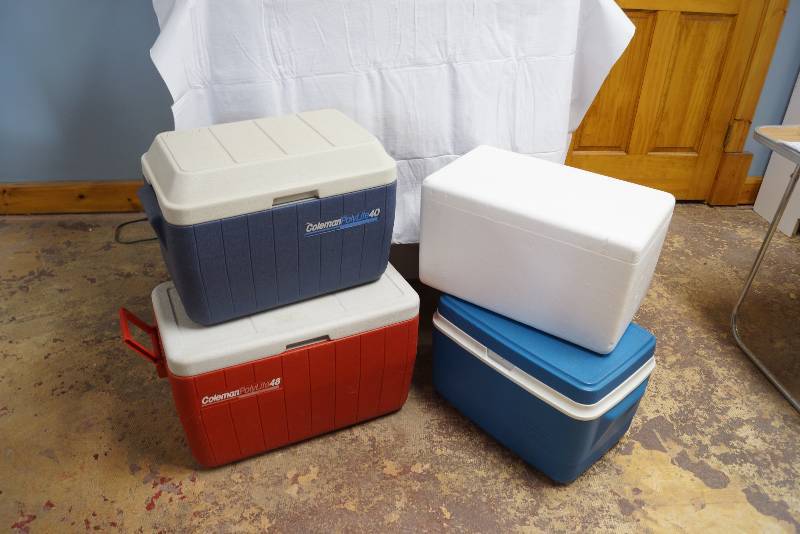 lot 9002 image: Lot of 4 Nice Coolers - 2 Coleman, 1 Styrofoam & 1 RubbermaidGott - CLEAN