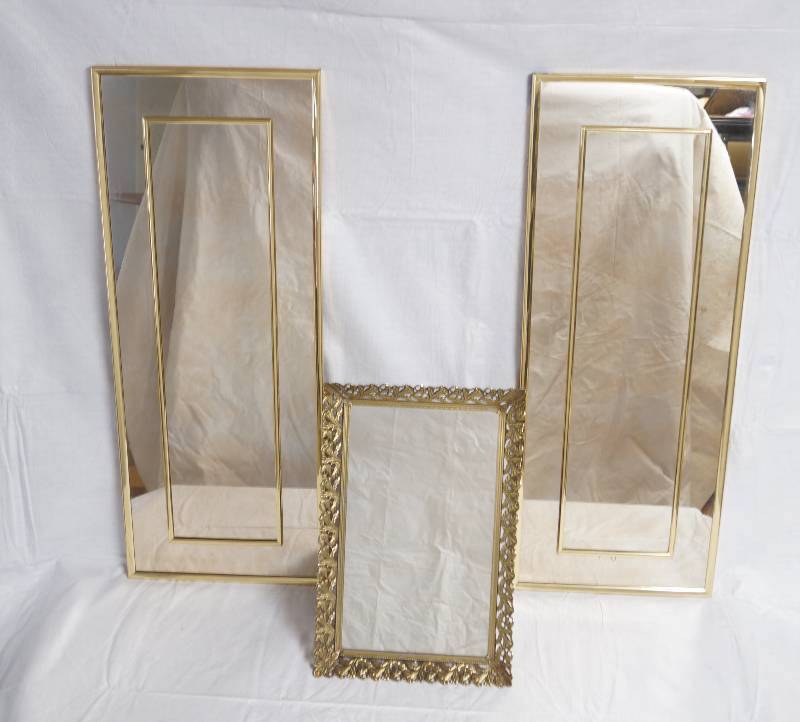 lot 9020 image: Lot of 3 Decorative Mirrors - 1 Set for the wall and 1 can hand, sit as a tray or stand on a dresser