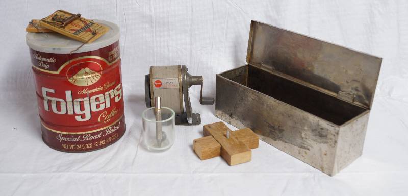lot 9021 image: Lot of Vintage Goodies Metal Folgers Can, Mouse Traps, Pencil Sharpener, Metal Box and More