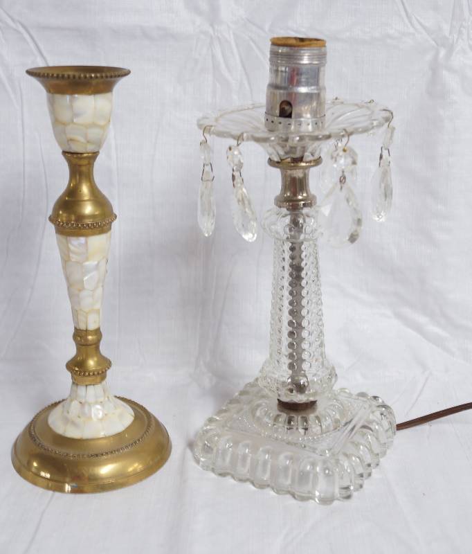 lot 9022 image: Brass & Pearl Candle Stick & Pretty Lamp - WOW