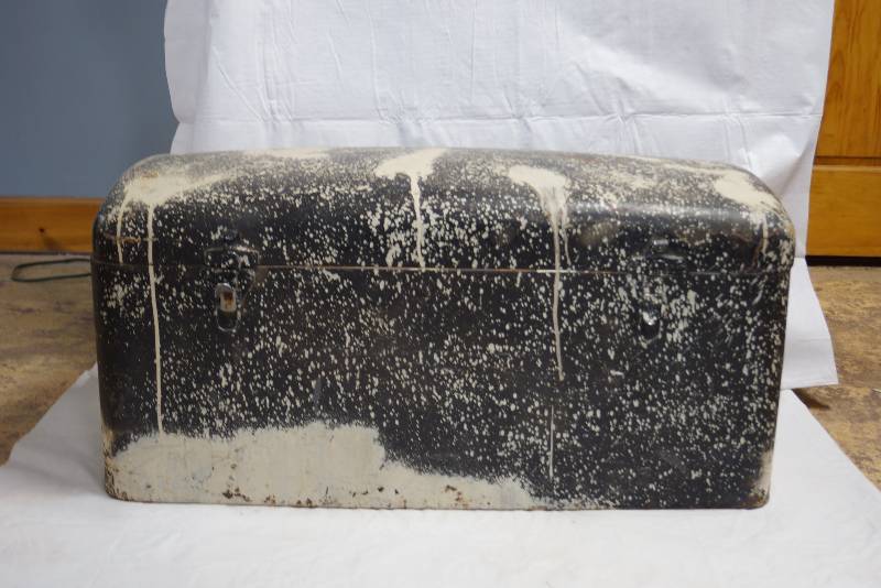 lot 9025 image: Old Large Metal Trunk - Has cedar lining planks and metal closures - Hinge on Lid holds lid open for you -  one handle missing - see photos