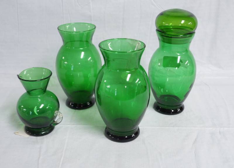 lot 9036 image: Lot of Green Glassware - Small Pitcher and 3 Emerald Vases- Highly Collectible
