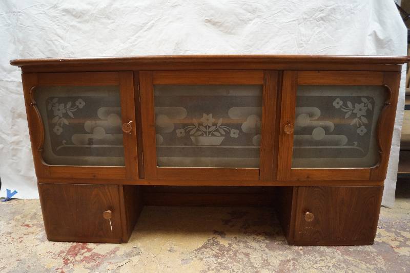 lot 9042 image: Antique Hutch Top - Beautiful Frosted Glass Cabinet Doors and Built-In German Von Poncet GLASS measuring Cups