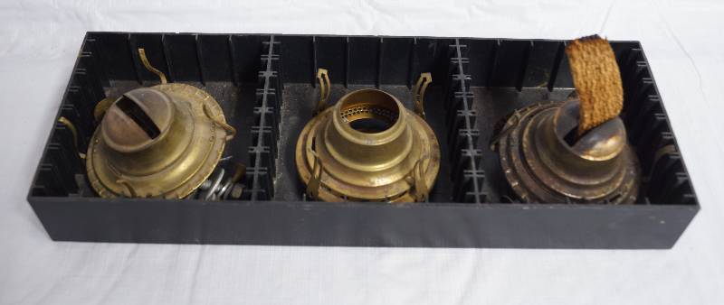 lot 9057 image: Lot of 3 Wick-Holder Caps for Oil Lamps - Vintage Eagle and More
