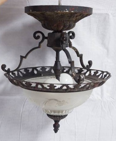 lot 9058 image: Gorgeous Antique Light Fixture - Heavy Iron and Beautiful Frosted Glass