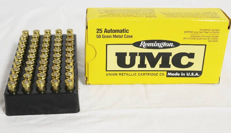 lot 9223 image: Box of 50 - 25 Automatic Cartridges - Remington UMC - 50 Grain Metal Case - 6.35mm - L25AP