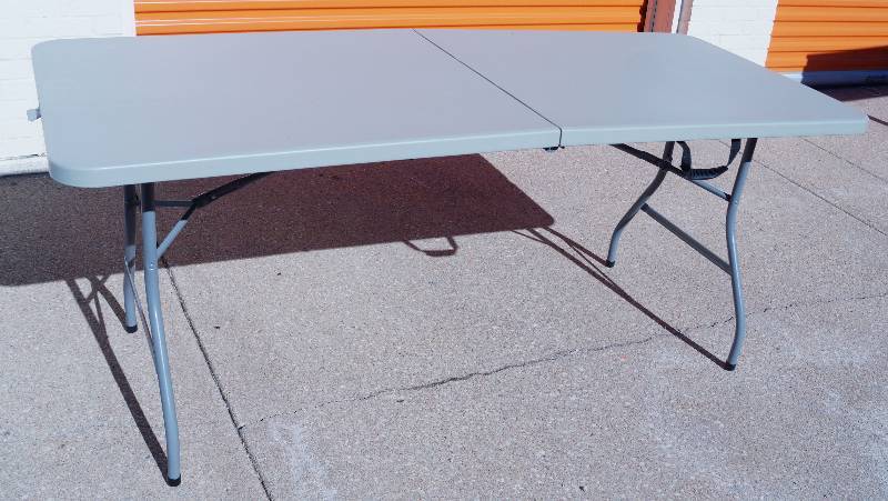 lot 4165 image: Portable Gray Rectangular Folding Table- Easy to Put Away