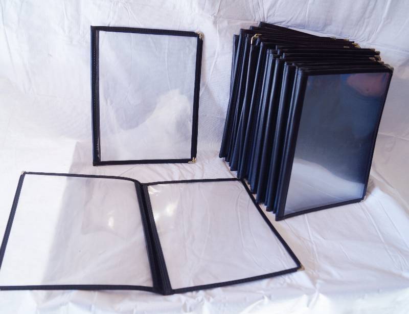 lot 4163 image: Lot of 37 - Transparent Black and Gold Rimmed Menu Booklets- 11.5 x 9.5 Dimensions- Very Nice
