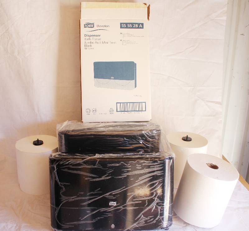 lot 4016 image: Set of 2 Black Tork Elevation Bath Tissue Dispensers- Model No. 55 55 28 A- 3 Rolls of Bath Tissue Included