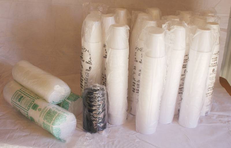 lot 4022 image: Assortment of Styrofoam Cups and Lids- Over 17 Stacks of 8 oz cups