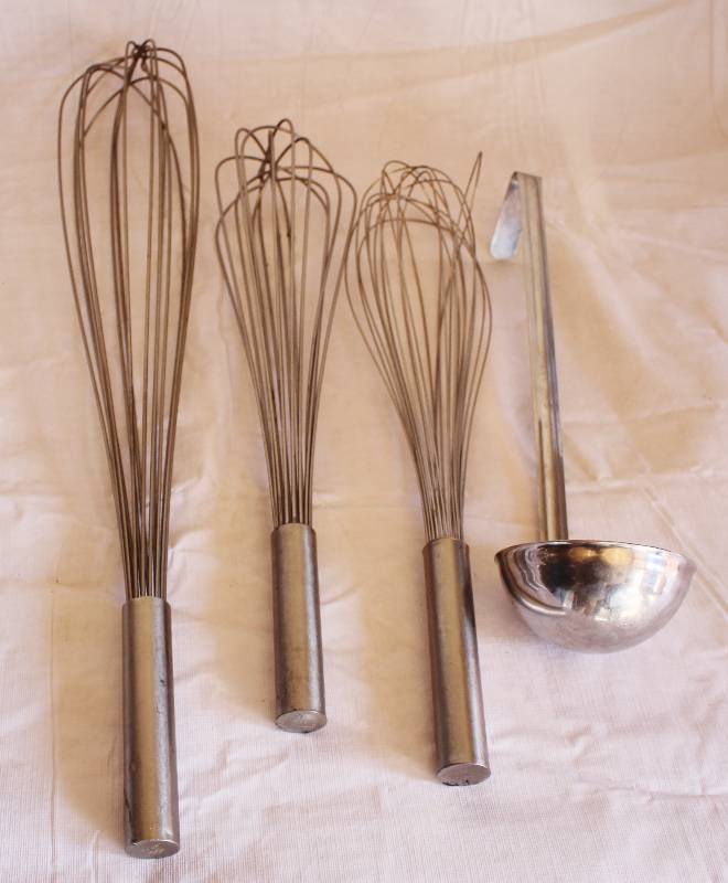 lot 4025 image: Lot of BIG  TALL Restaurant WHISKS and a LADLE - One Whisk is 2 feet long