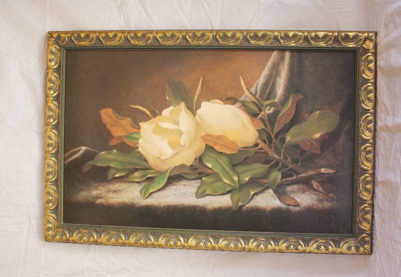 lot 4027 image: Beautiful 30 Inch White Rose Painting with Gold Accent Frame