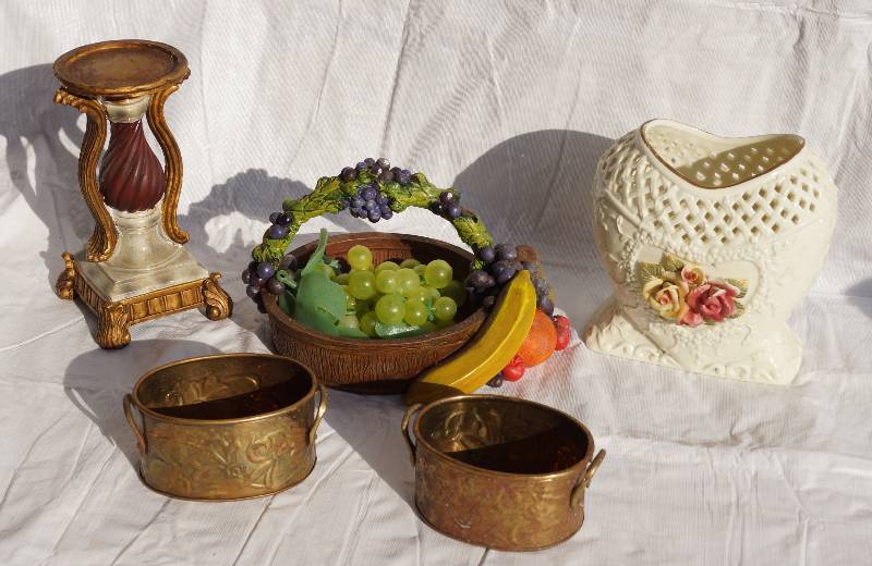 lot 4102 image: Assortment of Various Home Decor- Fruit Bowl with Artificial Fruit, Candle Holder, and MORE See Pictures