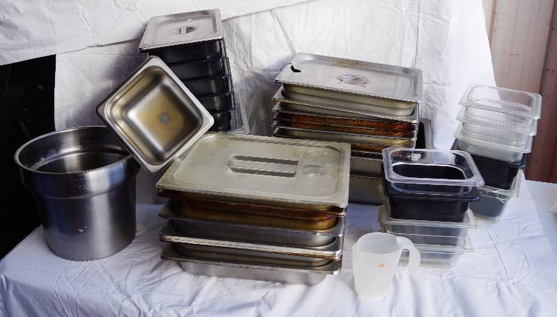lot 4111 image: Assortment of Metal and Plastic Prep Table Containers- Various Sizes- Some Come with Lids