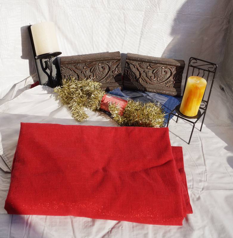 lot 4112 image: Various Home Decor- Candles and Holders, Red Table Cloth, and MORE