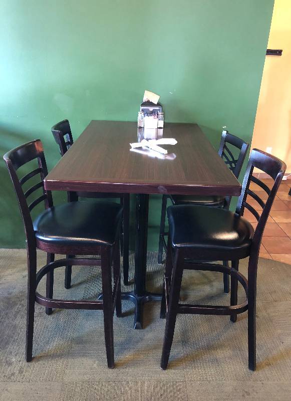 lot 4079 image: Beautiful Dark Wood Hi Top Table Set - Comes With 4 Padded Chairs