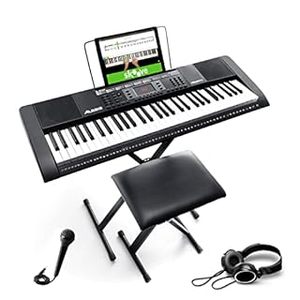 lot 52088 image: Alesis Melody 61 Key Keyboard Piano for Beginners with Speakers, Stand, Bench, Headphones, Microphone, Sheet Music Stand, 300 Sounds and Music Lessons (B07987K4F5) - Retail $159.99