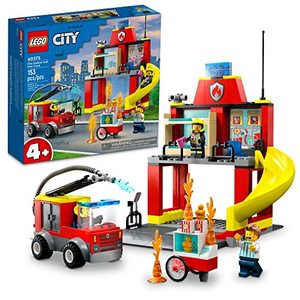 lot 52093 image: Lego City Fire Station and Fire Engine 60375, Pretend Play Fire Station with Firefighter Minifigures, Educational Vehicle Toys for Kids Boys Girls Age 4-Retail-$39.99