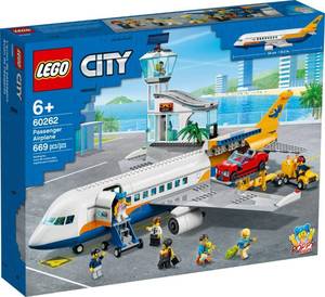lot 52098 image: LEGO City Passenger Airplane 60262, with Radar Tower, Airport Truck with a Car Elevator, Red Convertible, 4 Passenger and 4 Airport Staff Minifigures, plus a Baby Figure (669 Pieces)-Retail-$198.00